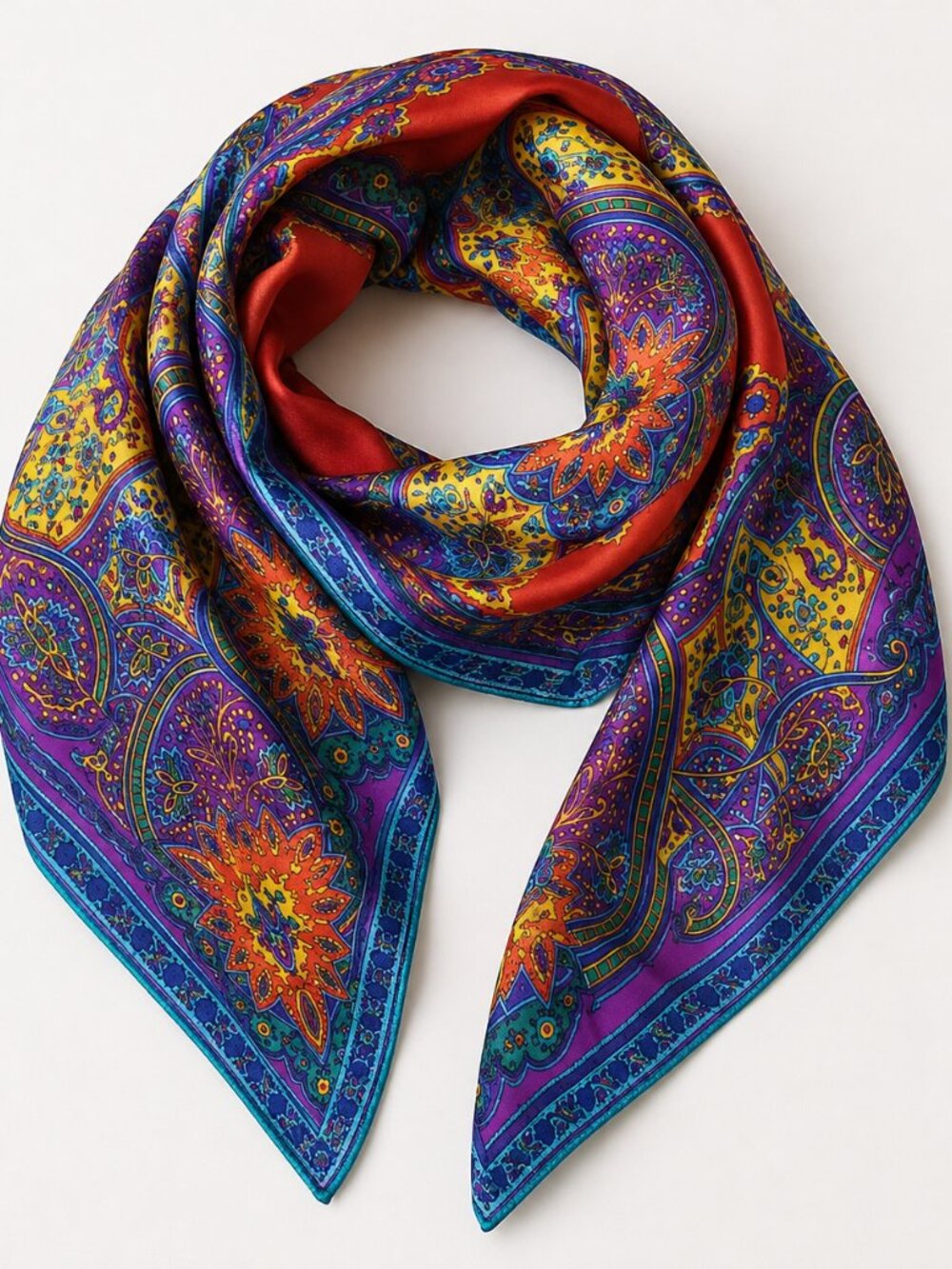 Vintage 100% Silk Vibrant Multicolor Paisley Square Scarf Art To Wear Artsy